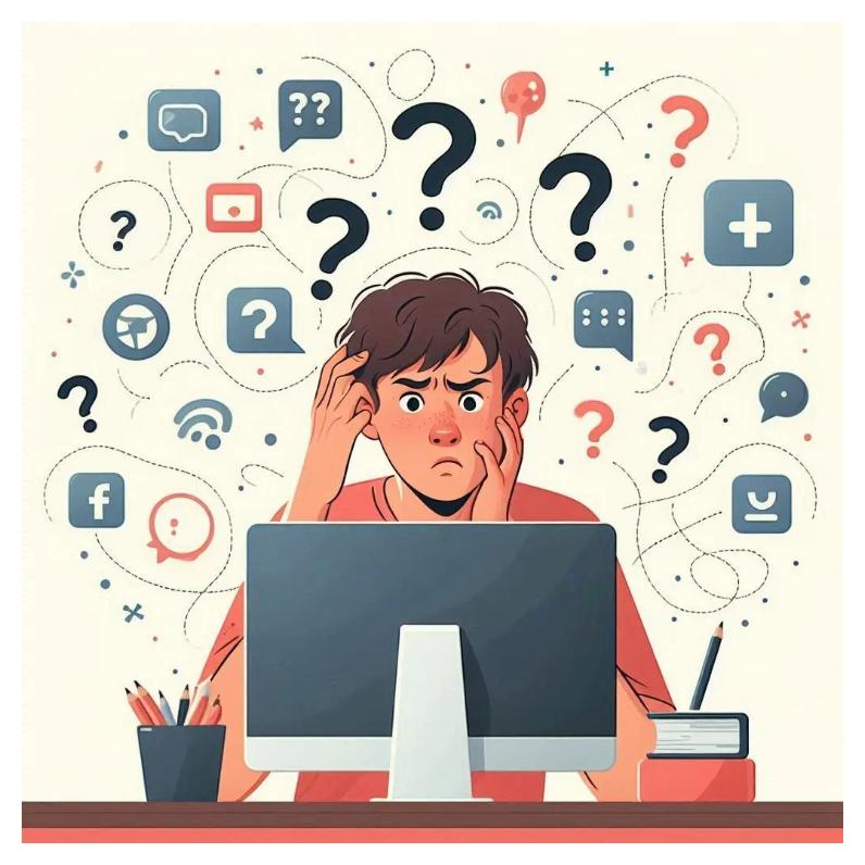 Person using a laptop surrounded by question marks and technology symbols representing common computer myths.